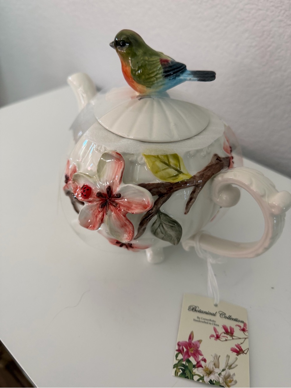 Ceramic Floral Teapot with Bird Lid - Pink, Green, Blue